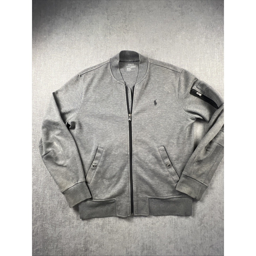 Polo Ralph Lauren Bomber Jacket Men M Double Knit Full Zip Logo Gray Preppy